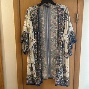 Angie Women’s Floral Open Front Kimono Caftan Rayon Blue Cream Size Medium